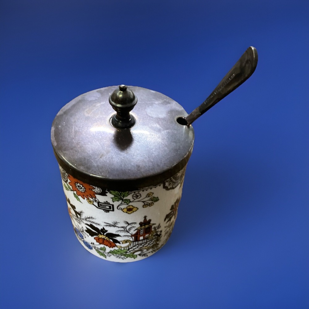 VTG Royal Norfolk Staffordshire Condiment Jar Silver Lid & Spoon Made in England